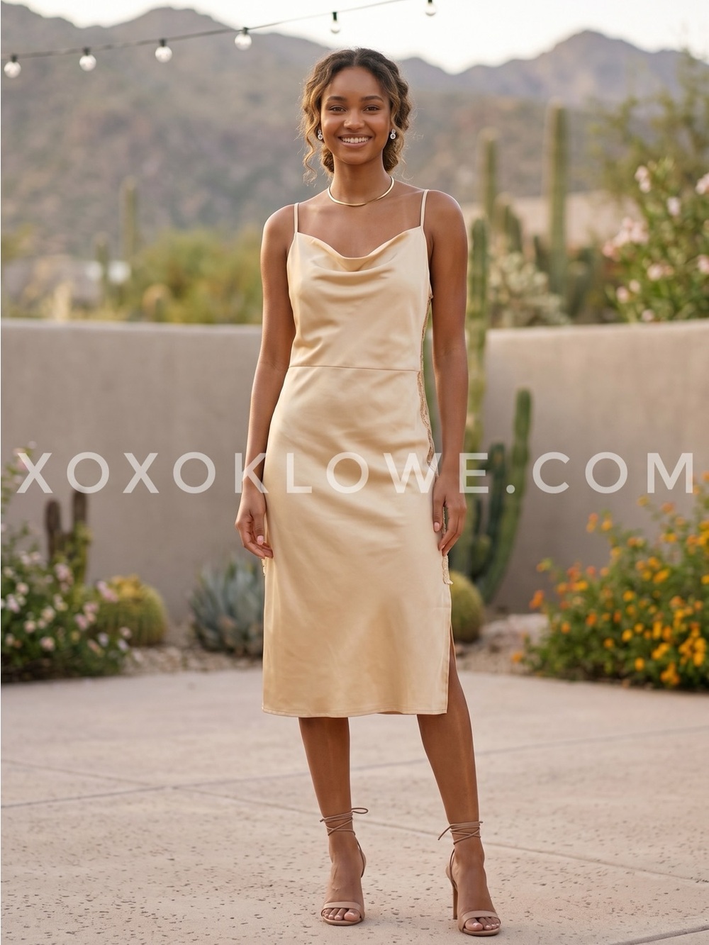POL Champagne Gold Cowl Neck Midi Slip Dress | Lace Trim Draped Side Slit